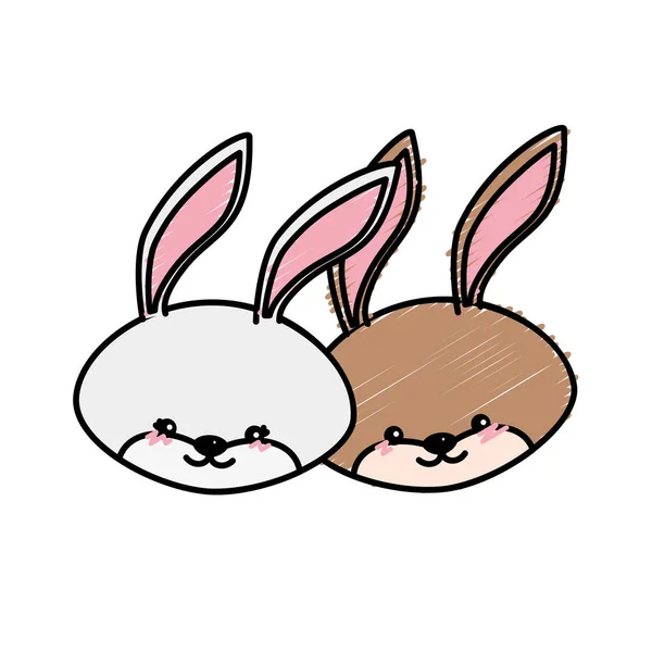 Sevimli Tavşan Baş Hayvan Çift Birlikte Vektör Çizim — Stok Vektör