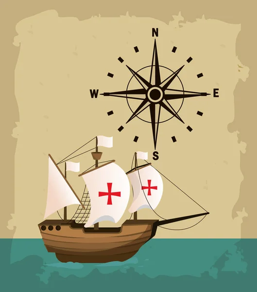 コロンブス記念日コンパス ベクトル イラストレーション グラフィック設計と海の船 — ストックベクタ