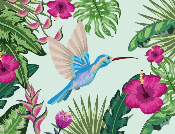 熱帯の花や植物の背景ベクトル図とハチドリ — ストックベクタ