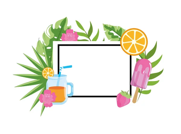 Emblema Quadrado Com Frutas Tropicais Folhas Ilustração Vetorial — Vetor de Stock