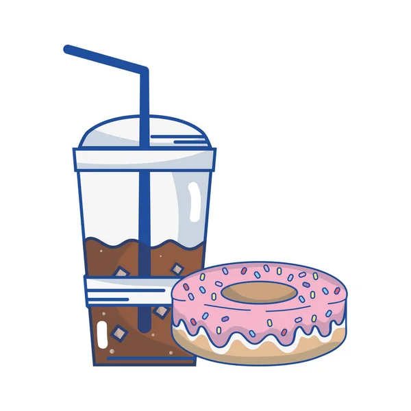 Köstliche Donut Mit Kaffee Plastikbecher Vektor Illustration — Stockvektor