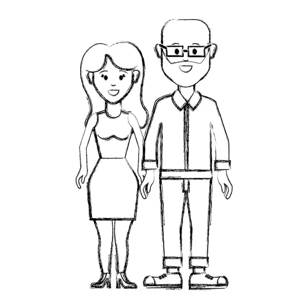 シルエット カップルは 眼鏡の男と長い髪を持つ女性ベクトル イラスト — ストックベクタ