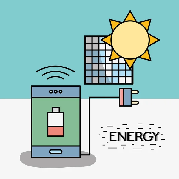 Düşük Pil Güç Kablosu Için Güneş Enerjisi Vektör Çizim Ile — Stok Vektör