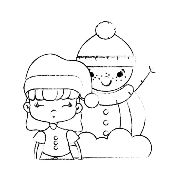 Figura Ragazza Con Abiti Natale Pupazzo Neve Disegno Vettoriale Illustrazione — Vettoriale Stock