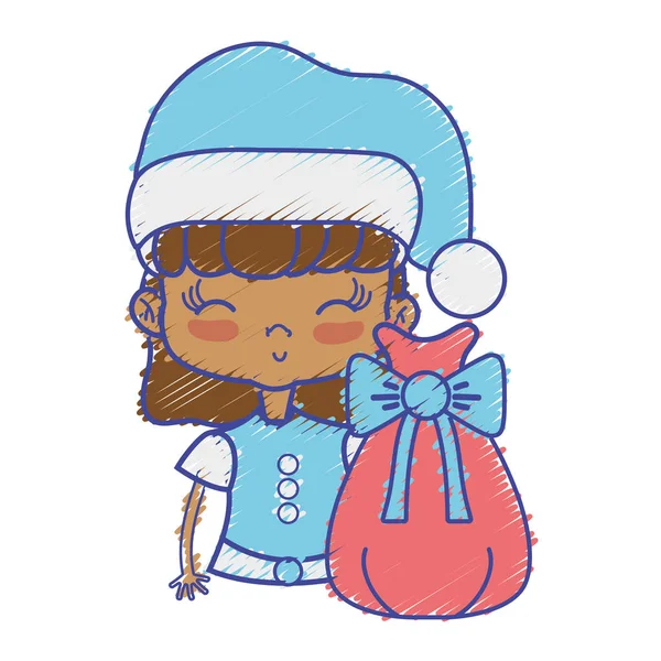 Menina Agradável Com Chapéu Natal Saco Vetor Ilustração — Vetor de Stock