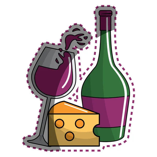 ステッカー ガラス飛散ワインやボトルとチーズ アイコン ベクトル イラスト デザイン — ストックベクタ