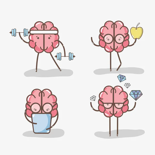Conjunto Icono Adorable Cerebro Kawaii Haciendo Diferentes Actividades Vector Ilustración — Vector de stock