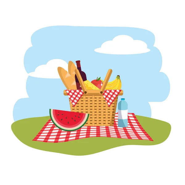 篮子与水果和面包在桌布装饰向量例证 — 图库矢量图片