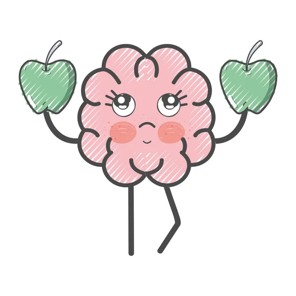 Ikonen Bedårande Kawaii Hjärnan Äta Äpple Vektorillustration — Stock vektor
