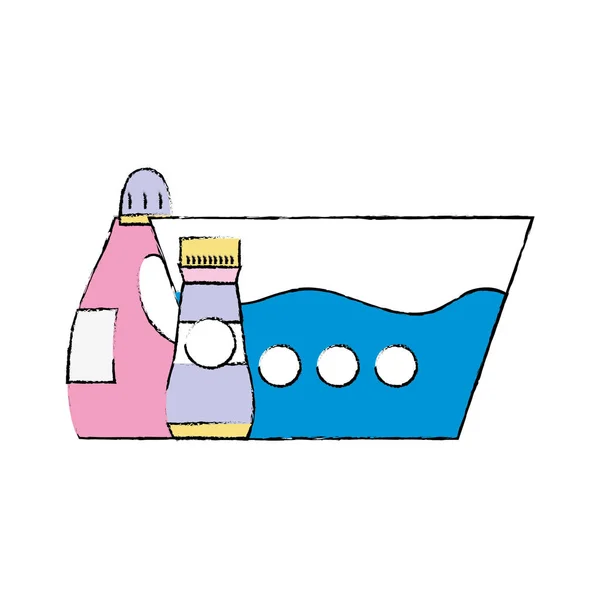 Vatten Hink Med Tvättmedel Flytande Och Sköljmedel Flaska Vektorillustration — Stock vektor