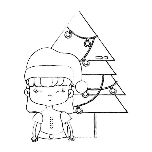 Figur Mädchen Mit Weihnachtskleidung Und Kiefer Mit Lichtern Vektorillustration — Stockvektor