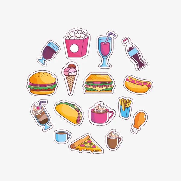 Icône Ensemble Savoureux Fast Food Thème Illustration Vectorielle — Image vectorielle