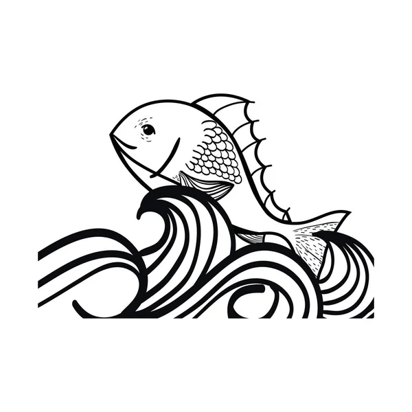 Line Fish Animal Sea Waves Design Vector Illustration — Stock Vector