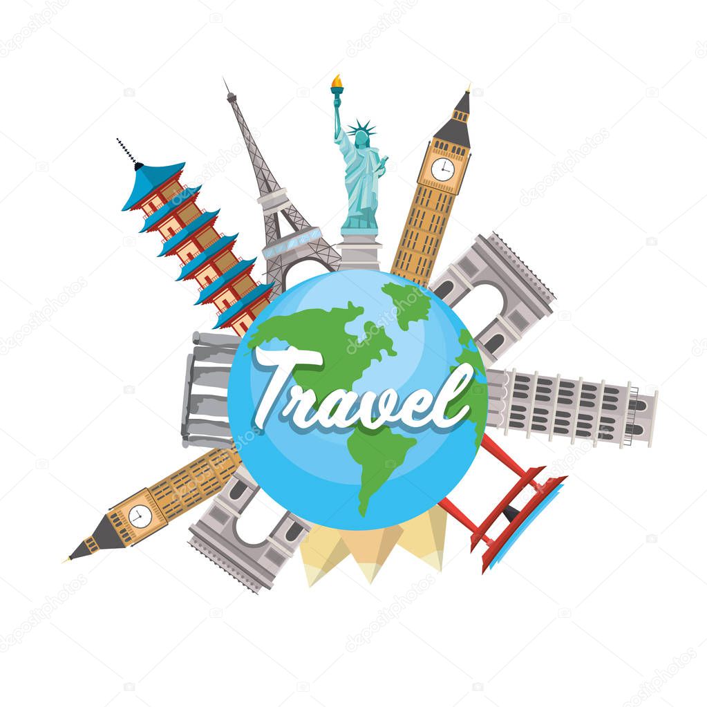 towers destination travel and global map vector illustration