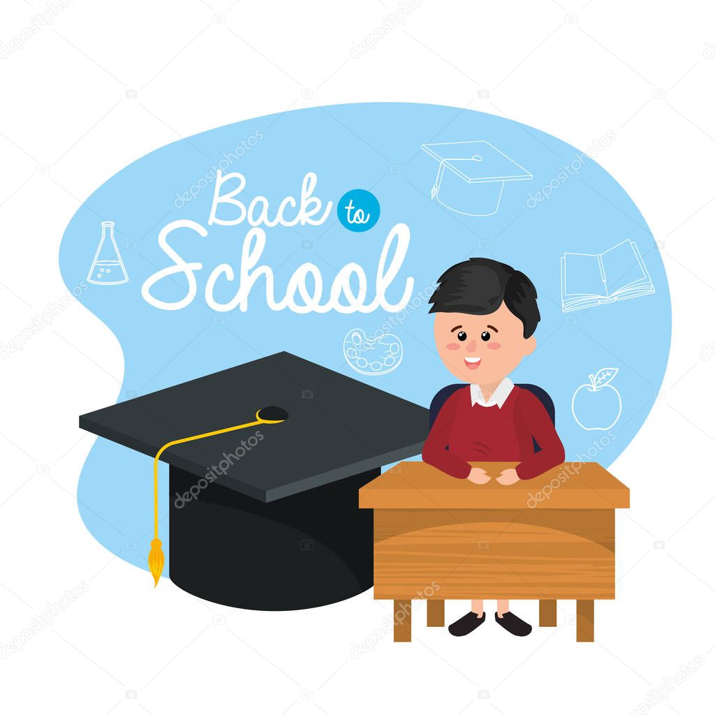 boy student in the desk with graduate cap vector illustration