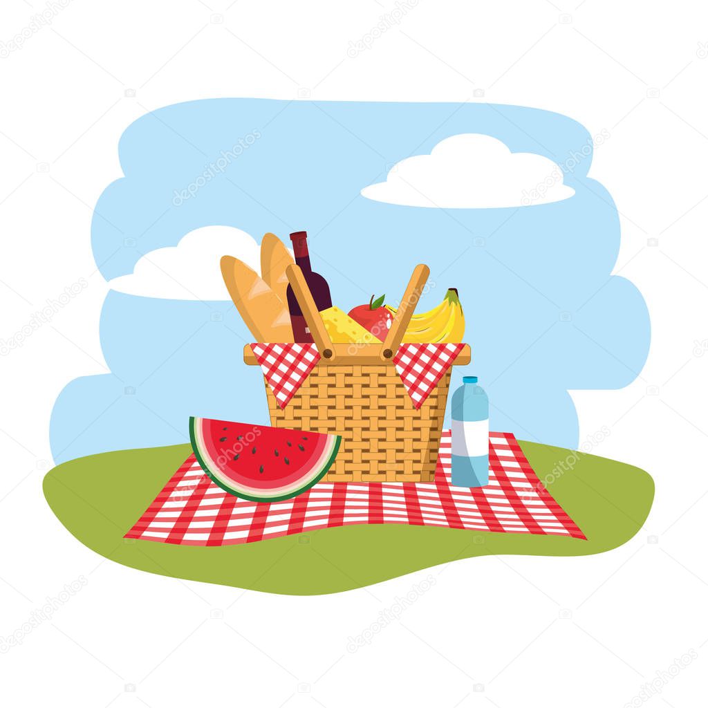 basket with fruits and bread in the tablecloth decoration vector illustration