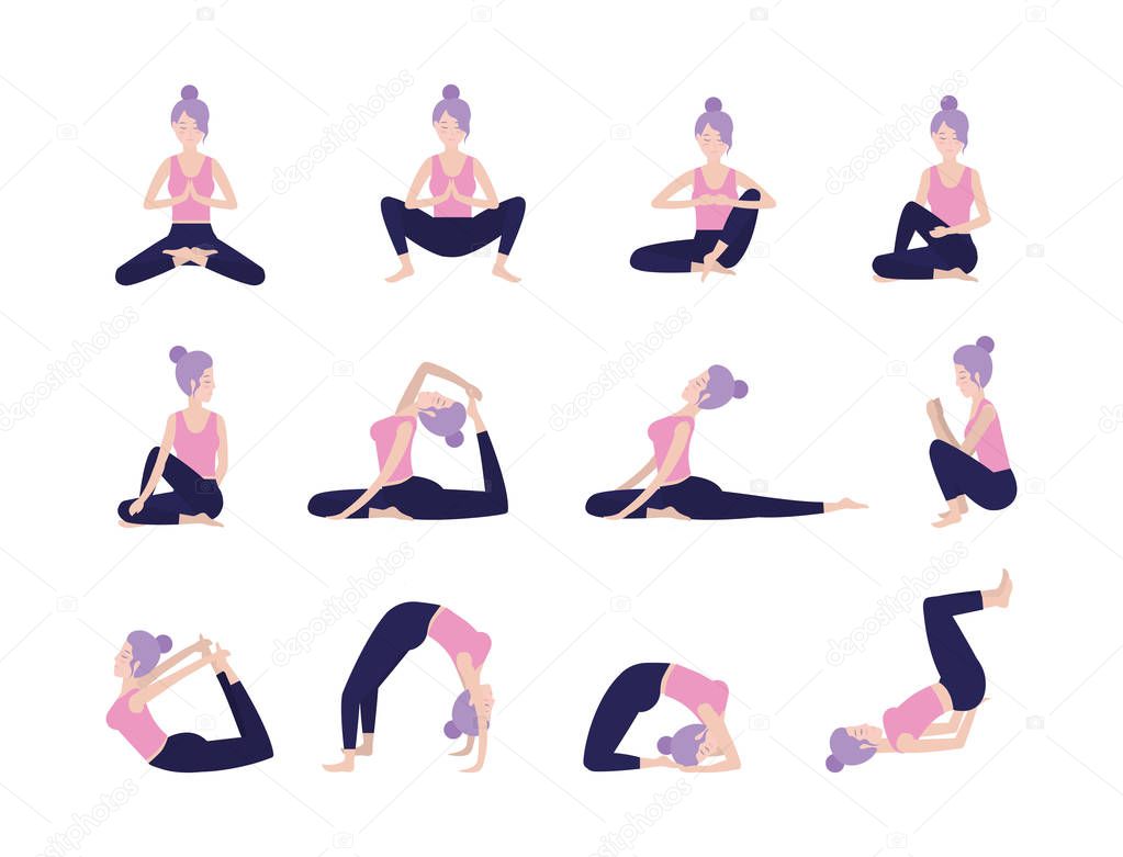 set woman training yoga harmony posture vector illustration