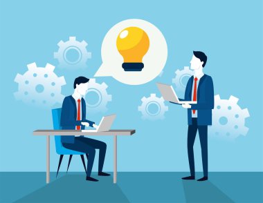 İşadamları ve sohbet kabarcık ampul vektör çizim ile