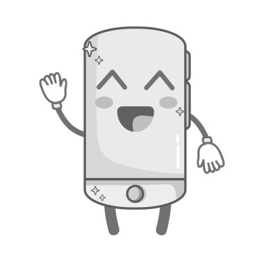 gri tonlamalı kawaii şirin mutlu smartphone teknoloji vektör çizim