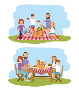 Aile ile birlikte sepet piknik rekreasyon vektör çizim için