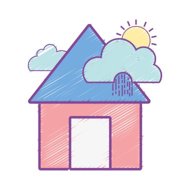 yağmur bulutları ile ev ve tropikal hava vektör çizim güneş
