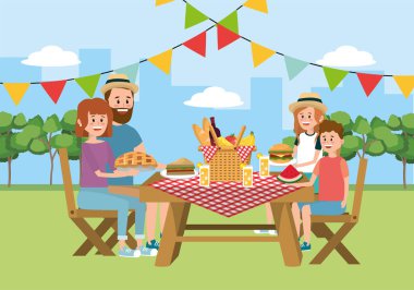 aile piknik masa ve sepet vektör çizim birlikte
