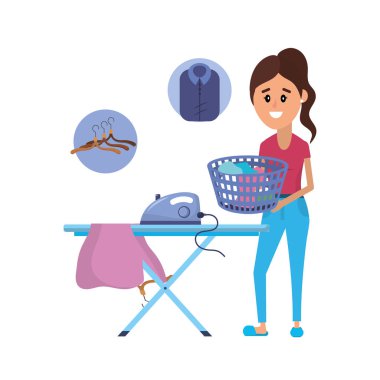 Çamaşırhane ekipmanları ve kadının aile içi bir iş yapması illüstrasyon vektör