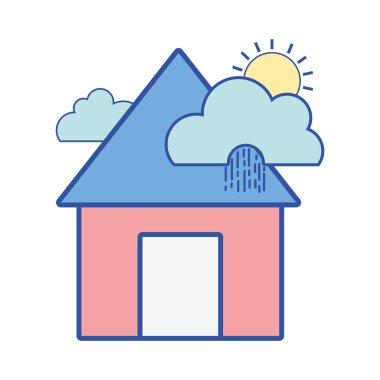 yağmur bulutları ile ev ve tropikal hava vektör çizim güneş