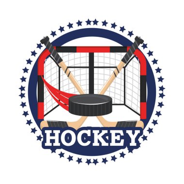 Hokey sopaları ve puck vektör çizim ile daire etiket