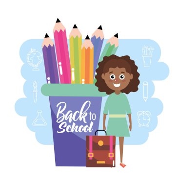 Eğitim renk kalemler ve sırt çantası vektör çizim ile kız