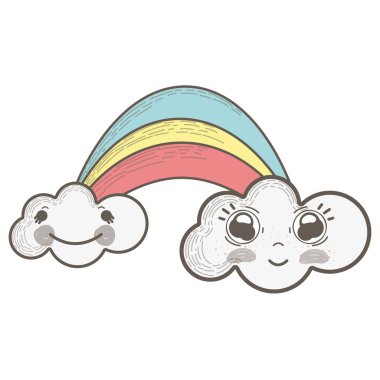 Kawaii rainbow mutlu bulutlar karikatürler, vektör çizim ile