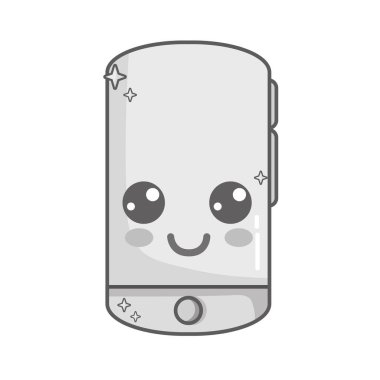 gri tonlamalı kawaii şirin mutlu smartphone teknoloji vektör çizim
