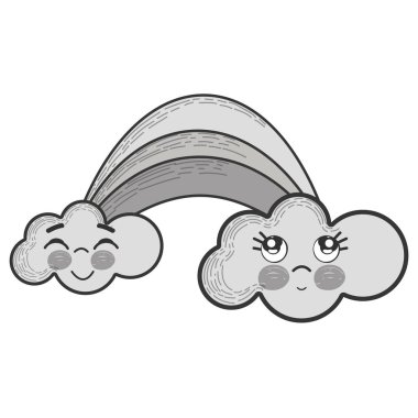 gri tonlamalı kawaii rainbow ile bulutlar yüz ifadesi, vektör çizim ile