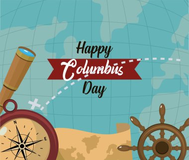 Mutlu columbus günü kartı öğeleri ve çizgi film ile vektör grafik illüstrasyon dsign