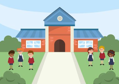 Okul ağaçlar ve mutlu çocuk öğrenciler vektör çizim