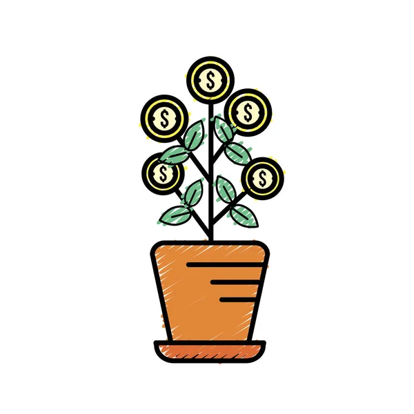 Planta Com Moedas Folhas Dentro Flowerpot Vetor Ilustração — Vetor de Stock