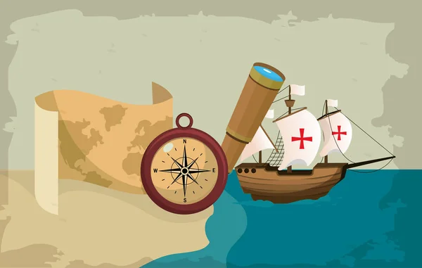 Коламбус День Корабль Море Карта Компасом Векторной Иллюстрации Графический Знак — стоковый вектор