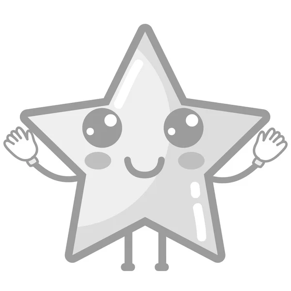 Grayscale Kawaii Bonito Estrela Feliz Brilhante Vetor Ilustração —  Vetores de Stock