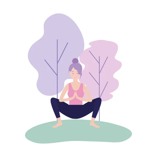 Donna Pratica Yoga Meditazione Posa Vettore Illustrazione — Vettoriale Stock