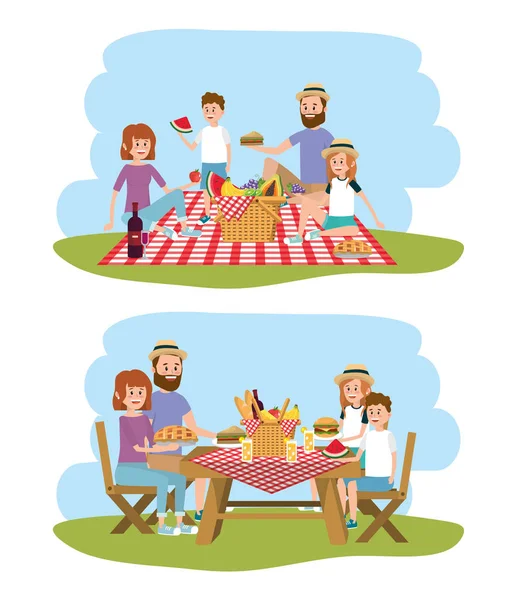 family together with basket to picnic recreation vector illustration