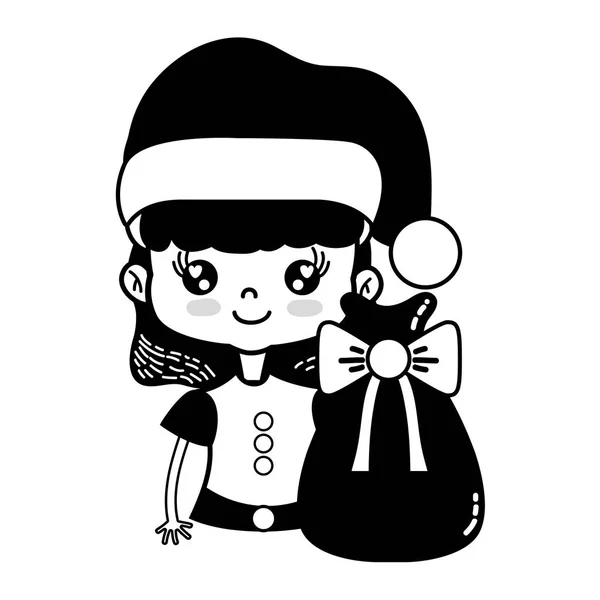 Contorno Chica Agradable Con Sombrero Navidad Bolsa Vector Ilustración — Vector de stock