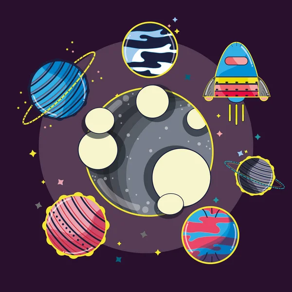 Diferentes Planetas Alrededor Luna Galaxia Ilustración Vectorial — Vector de stock