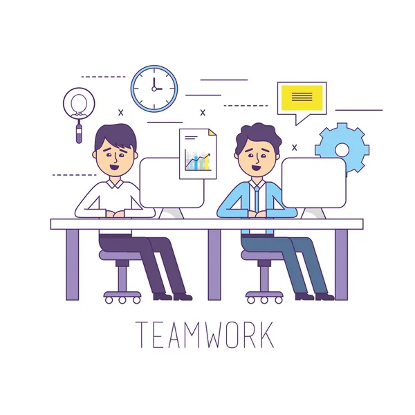 Teamwork Businessman Computer Document Information Vector Illustration — Stock Vector