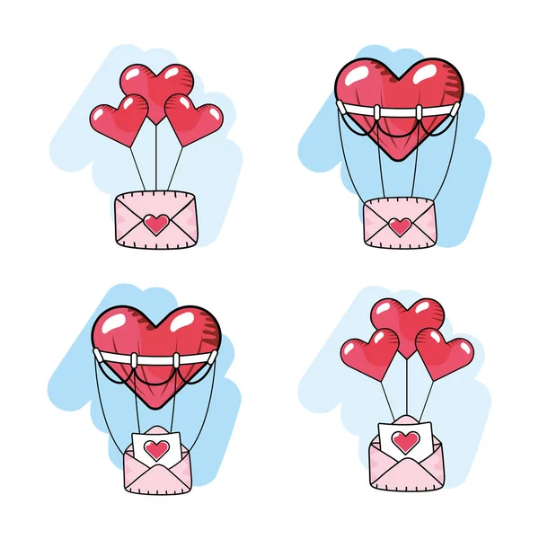 Set Herzen Luftballons Mit Liebeskarten Vektor Illustration — Stockvektor