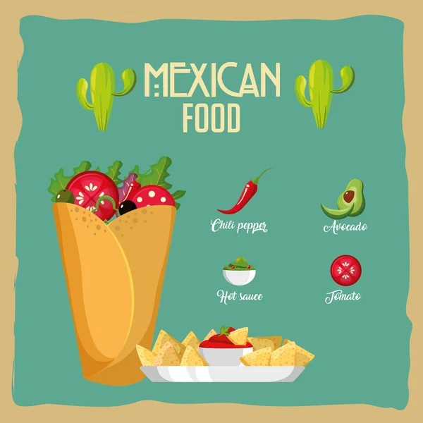 Burrito Comida Mexicana Snack Menú Tema Ilustración Vectorial — Vector de stock