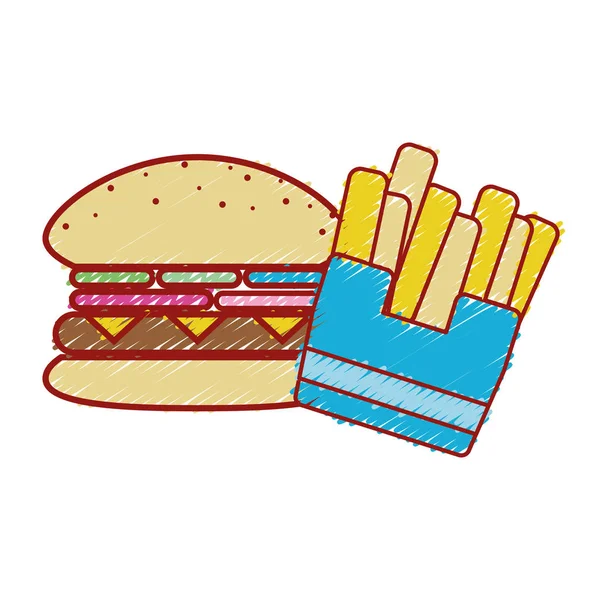 Sabrosa Hamburguesa Con Papas Fritas Comida Rápida Vector Ilustración — Archivo Imágenes Vectoriales