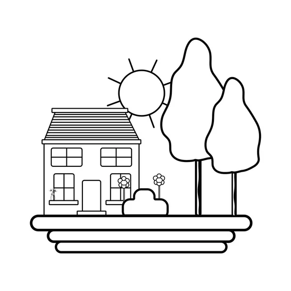 Casa Línea Con Árboles Plantas Con Flores Ilustración Vectores Solares — Vector de stock