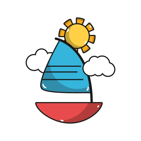 Leuke Zeilboot Met Wolken Zon Vectorillustratie — Stockvector