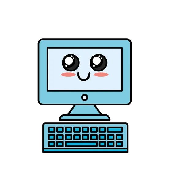 Kawaii Lindo Feliz Computadora Tecnología Vector Ilustración — Archivo Imágenes Vectoriales