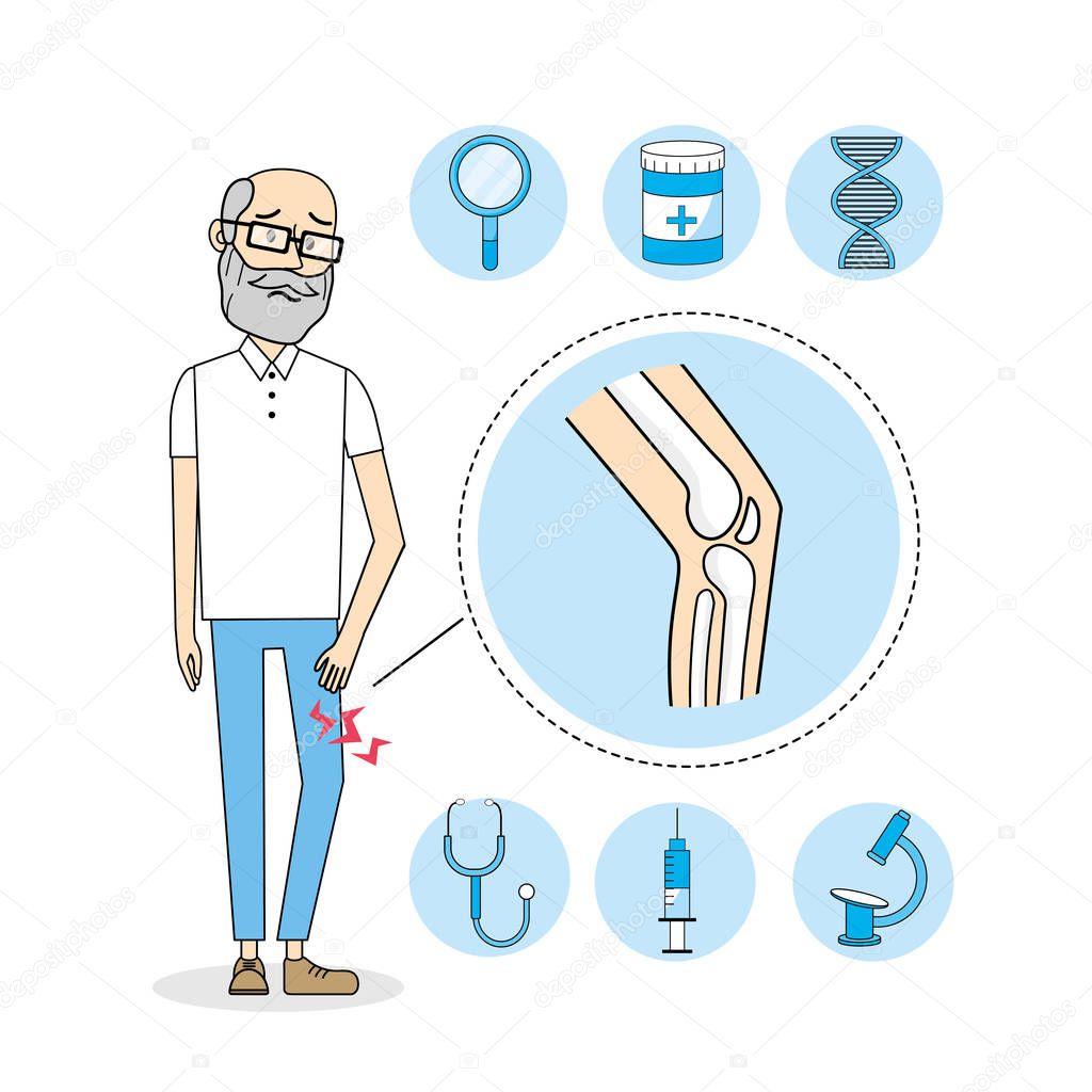 old man with knee pain treatment vector illustration
